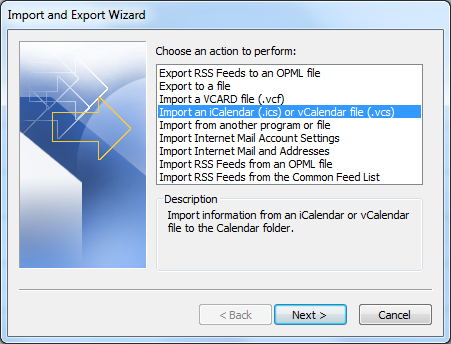 Import an iCalendar (.ics) or vCalendar file (.vcs)