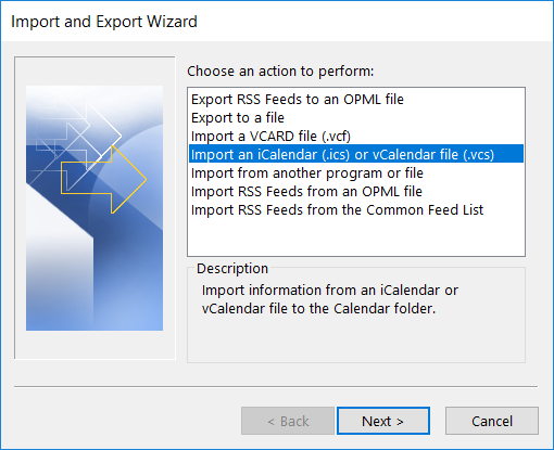 Import an iCalendar (.ics) or vCalendar file (.vcs)